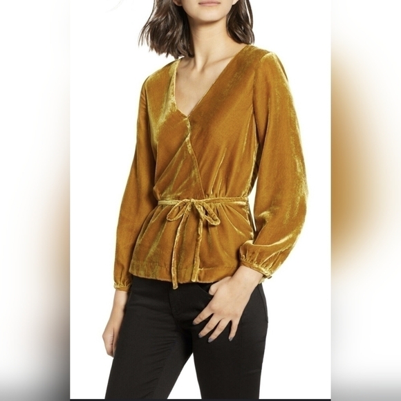 J.Crew Faux-Wrap Blouse Top Drapey Velvet Waist Tie Balloon Sleeve Yellow‎ 0 - Picture 1 of 12